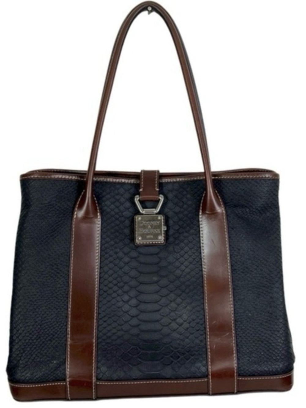 Dooney & Bourke Black Python Embossed Leather Brown Trim Tote Bag